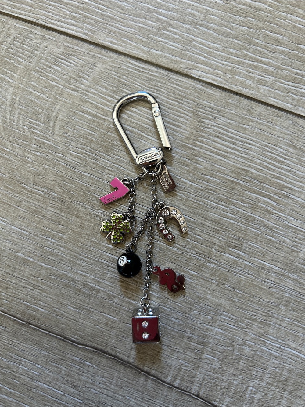 Coach Silver Keychain with Pink, Green, Black and Red Charms
